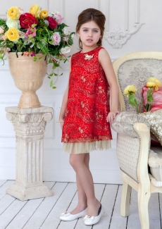 Платье для девочки Хайди (красное с золотыми нитями)