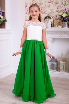 Платье для девочки Грета (белое (кремовое) с зеленым)