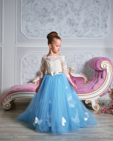 Платье для девочки Лесная фея (голубое с молочным кружевом)