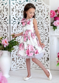 Платье для девочки Люси (белое с цветочным принтом)