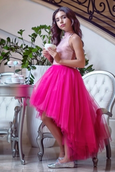 Комплект нарядный для девочки (блузка + юбка)  (пепельно-розовый с фуксией)